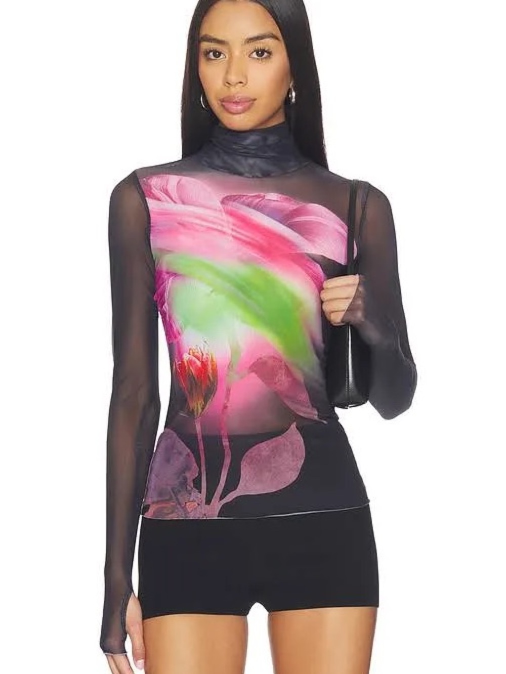AFRM Sheer Floral Mesh Long-Sleeve Top in Pink, Green & Black